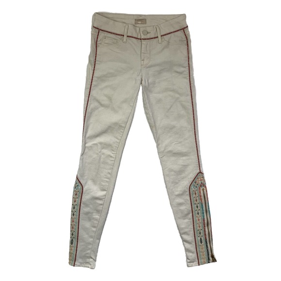 Mother The Looker Ankle Zip Embroidered Barefoot Princess Ivory Jeans 24 Pant - Picture 2 of 16